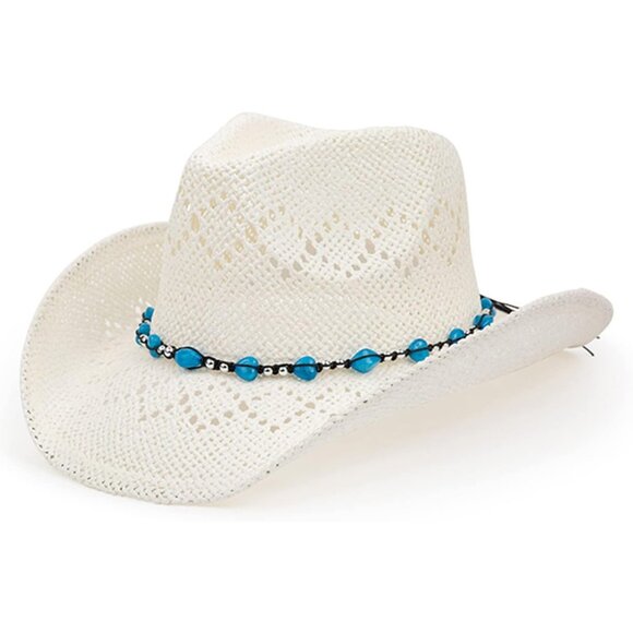 BEADED Hearts Trim, Shapeable Cowboy Hat-White Blue